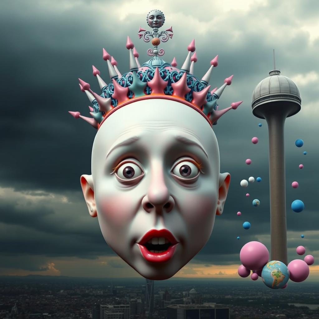 A surreal digital art piece featuring a large, round bald human head at the center