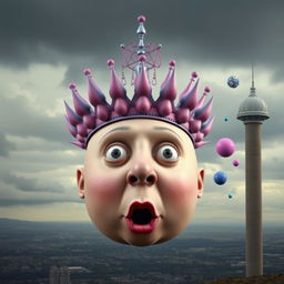 A surreal digital art piece featuring a large, round bald human head at the center