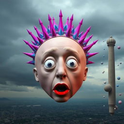 A surreal digital art piece featuring a large, round bald human head at the center
