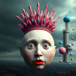 A surreal digital art piece featuring a large, round bald human head at the center