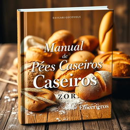 A captivating book cover for 'Manual de Pães Caseiros,' showcasing the warmth and charm of homemade baking