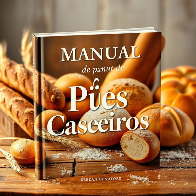 A captivating book cover for 'Manual de Pães Caseiros,' showcasing the warmth and charm of homemade baking