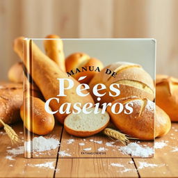 A captivating book cover for 'Manual de Pães Caseiros,' showcasing the warmth and charm of homemade baking