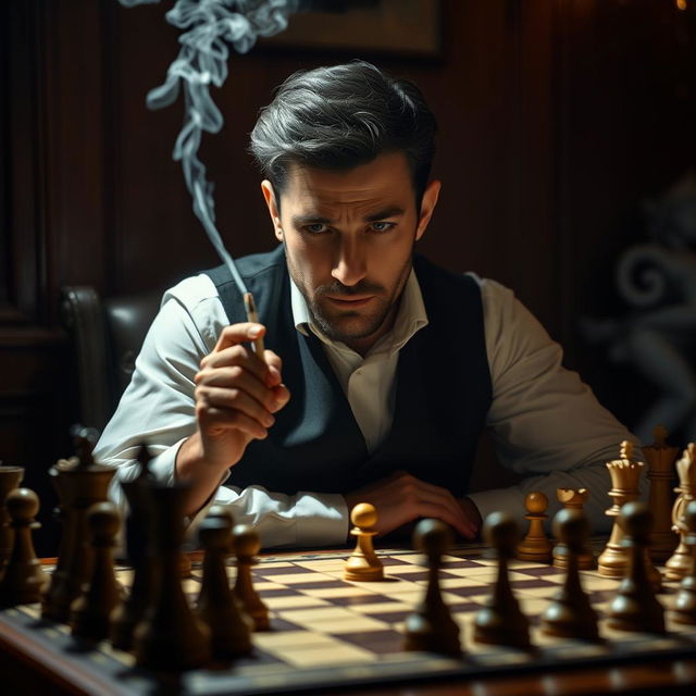 A focused adult chess player sitting at a chess table, deep in thought, with a lit cigarette in one hand