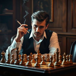 A focused adult chess player sitting at a chess table, deep in thought, with a lit cigarette in one hand