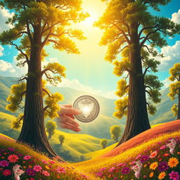 In a magical land filled with vibrant colors, where a bright sun illuminates the sky, shining down on a lush landscape