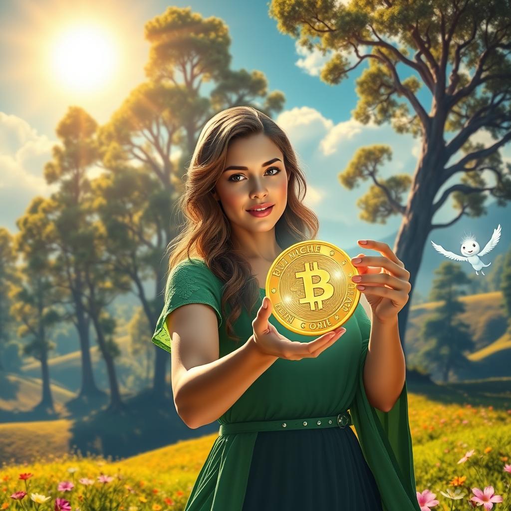In a magical land filled with vibrant colors, where a bright sun illuminates the sky, shining down on a lush landscape