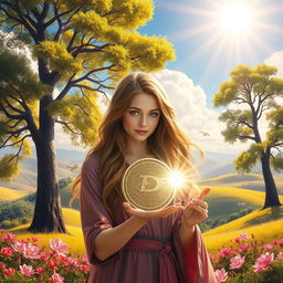 In a magical land filled with vibrant colors, where a bright sun illuminates the sky, shining down on a lush landscape