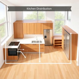 A modern kitchen layout design showcasing the distribution of an oven, countertop, refrigerator, sink, and pantry