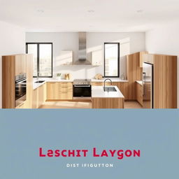 A modern kitchen layout design showcasing the distribution of an oven, countertop, refrigerator, sink, and pantry