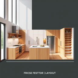 A modern kitchen layout design showcasing the distribution of an oven, countertop, refrigerator, sink, and pantry