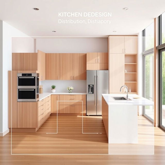 A modern kitchen layout design showcasing the distribution of an oven, countertop, refrigerator, sink, and pantry