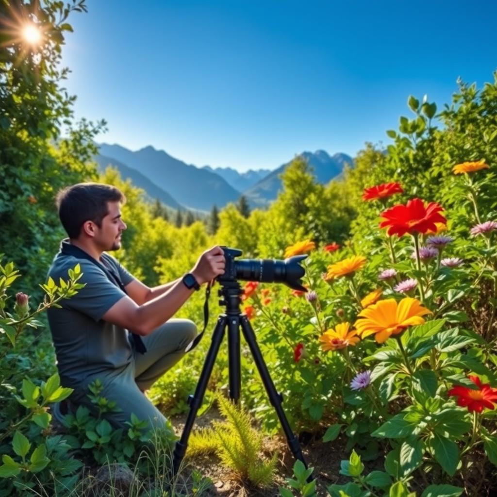 A talented photographer capturing stunning images of nature, showcasing vibrant colors and intricate details