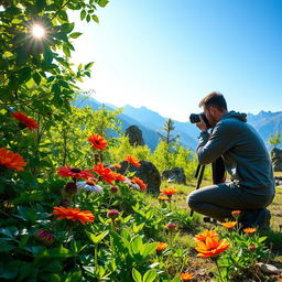 A talented photographer capturing stunning images of nature, showcasing vibrant colors and intricate details