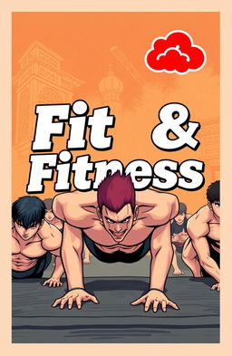 A fit and modern fitness book cover featuring a background inspired by manhua art styles, depicting dynamic scenes of men doing push-ups with an emphasis on physical fitness and strength