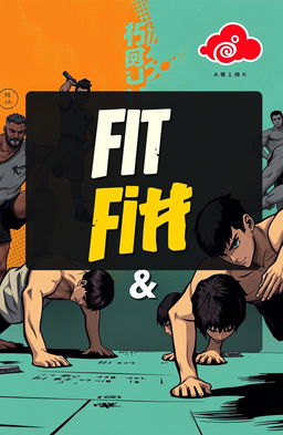 A fit and modern fitness book cover featuring a background inspired by manhua art styles, depicting dynamic scenes of men doing push-ups with an emphasis on physical fitness and strength