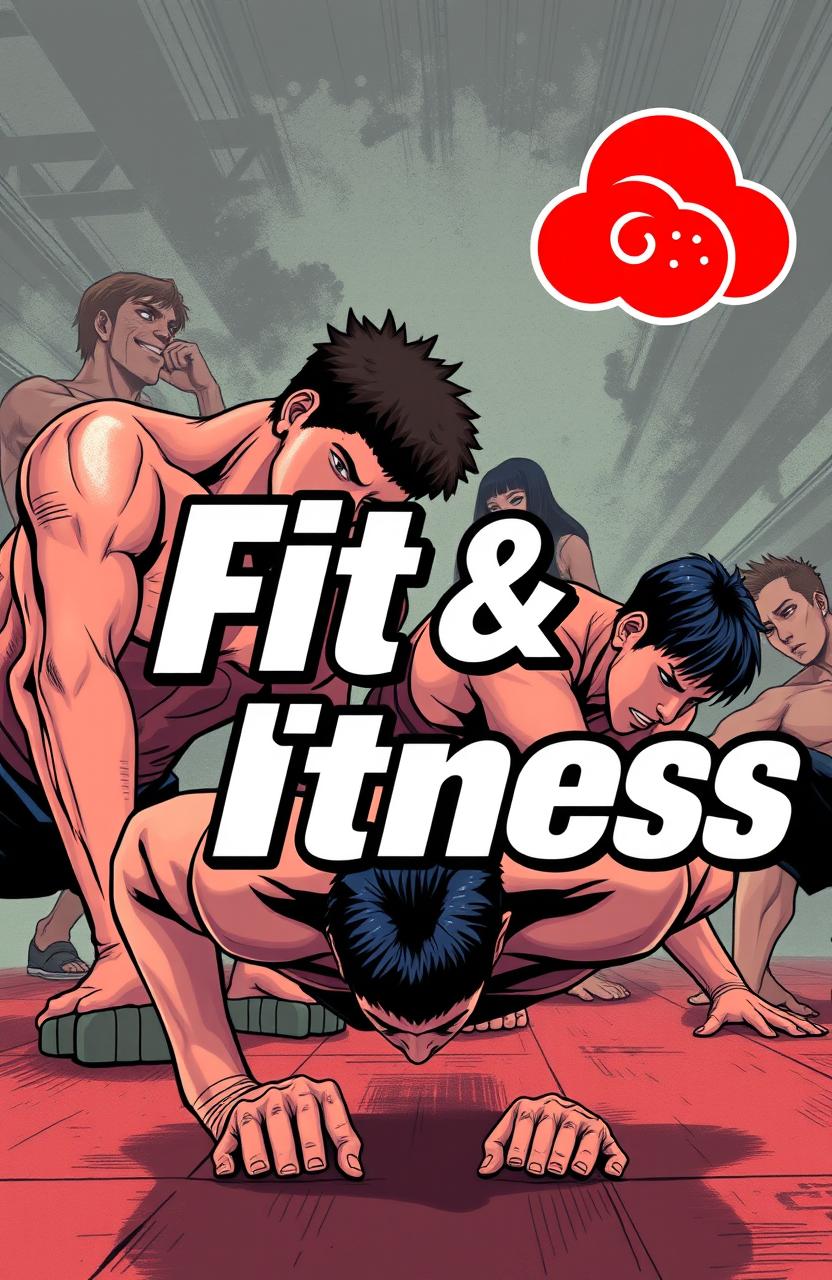 A fit and modern fitness book cover featuring a background inspired by manhua art styles, depicting dynamic scenes of men doing push-ups with an emphasis on physical fitness and strength