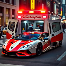 A striking Lamborghini ambulance designed for emergency medical services, featuring the iconic sharp lines and aggressive styling of Lamborghini vehicles