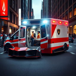 A striking Lamborghini ambulance designed for emergency medical services, featuring the iconic sharp lines and aggressive styling of Lamborghini vehicles