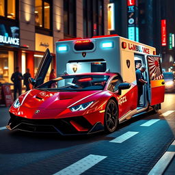 A striking Lamborghini ambulance designed for emergency medical services, featuring the iconic sharp lines and aggressive styling of Lamborghini vehicles