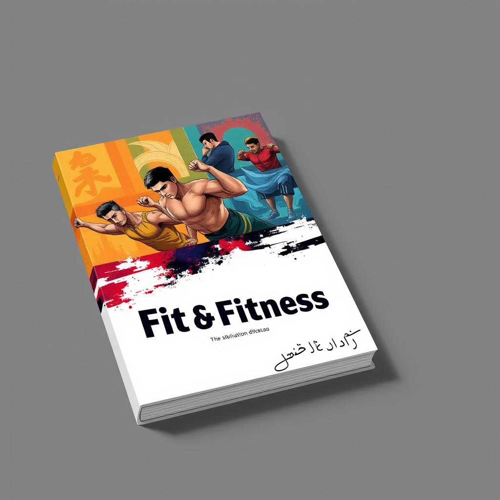 An A5 book cover designed with a background inspired by manhua art styles, featuring shards of colorful dynamic scenes of men doing push-ups, promoting strength and fitness