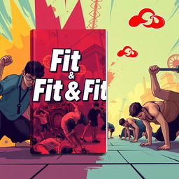 An A5 book cover designed with a background inspired by manhua art styles, featuring shards of colorful dynamic scenes of men doing push-ups, promoting strength and fitness