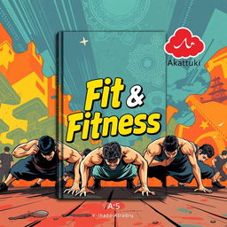 An A5 book cover designed with a background inspired by manhua art styles, featuring shards of colorful dynamic scenes of men doing push-ups, promoting strength and fitness