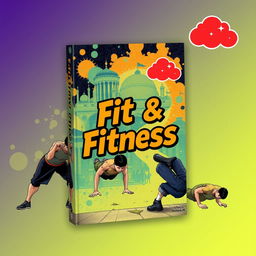 An A5 book cover designed with a background inspired by manhua art styles, featuring shards of colorful dynamic scenes of men doing push-ups, promoting strength and fitness