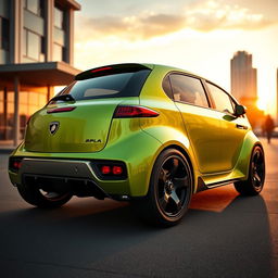 A unique automotive design featuring a Lamborghini-inspired Multipla, blending the iconic sharp lines and aggressive body style of Lamborghini with the rounded, retro aesthetic of the Multipla