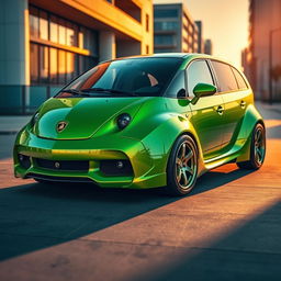 A unique automotive design featuring a Lamborghini-inspired Multipla, blending the iconic sharp lines and aggressive body style of Lamborghini with the rounded, retro aesthetic of the Multipla
