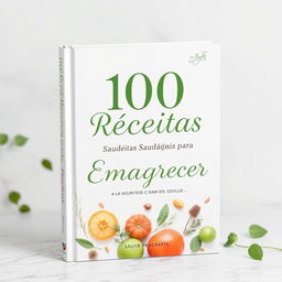A charming and serene book cover for '100 Receitas Saudáveis para Emagrecer' designed in an Idyllic style