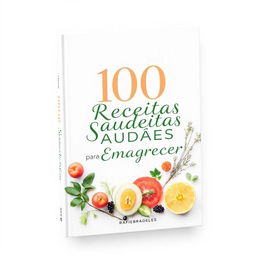 A charming and serene book cover for '100 Receitas Saudáveis para Emagrecer' designed in an Idyllic style