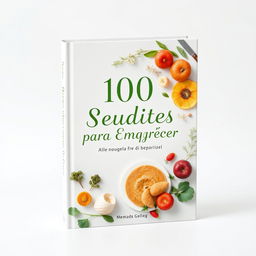 A charming and serene book cover for '100 Receitas Saudáveis para Emagrecer' designed in an Idyllic style