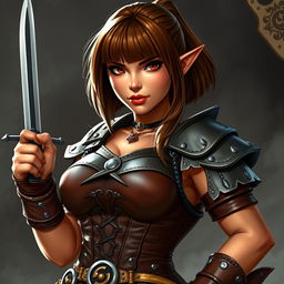 A beautiful female dwarf with tan skin, wearing stylish leather armor and a fitted corset that accentuates her curvy figure