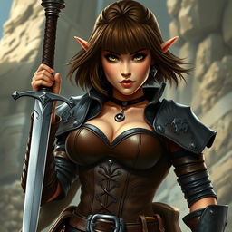 A beautiful female dwarf with tan skin, wearing stylish leather armor and a fitted corset that accentuates her curvy figure