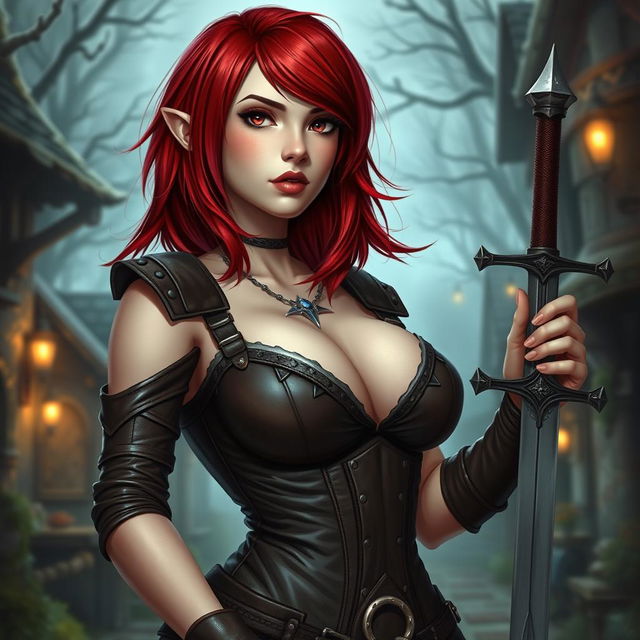 A sexy and curvy halfling woman with pale skin and striking red hair styled in a long asymmetrical bob with heavy, blunt bangs