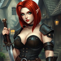 A sexy and curvy halfling woman with pale skin and striking red hair styled in a long asymmetrical bob with heavy, blunt bangs
