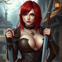 A sexy and curvy halfling woman with pale skin and striking red hair styled in a long asymmetrical bob with heavy, blunt bangs