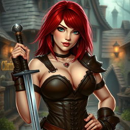 A sexy and curvy halfling woman with pale skin and striking red hair styled in a long asymmetrical bob with heavy, blunt bangs