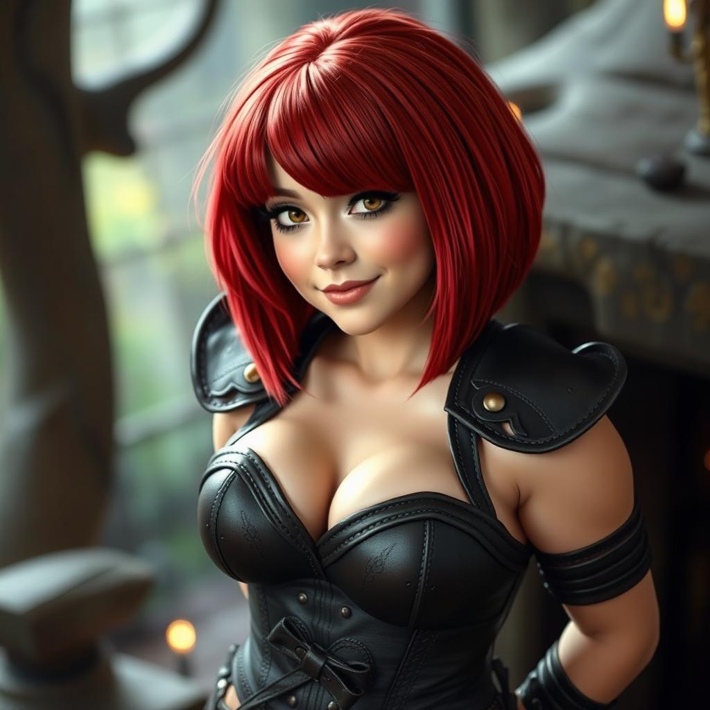 A beautiful dwarf woman with striking red hair styled in a long asymmetrical bob with heavy blunt bangs, dressed in form-fitting leather armor featuring a corset design with a daring cleavage cutout