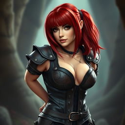 A beautiful dwarf woman with striking red hair styled in a long asymmetrical bob with heavy blunt bangs, dressed in form-fitting leather armor featuring a corset design with a daring cleavage cutout