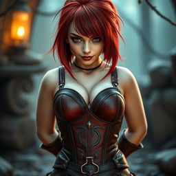 A beautiful dwarf woman with striking red hair styled in a long asymmetrical bob with heavy blunt bangs, dressed in form-fitting leather armor featuring a corset design with a daring cleavage cutout