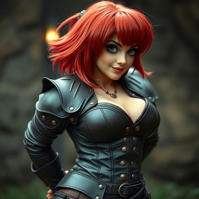 A beautiful dwarf woman with striking red hair styled in a long asymmetrical bob with heavy blunt bangs, dressed in form-fitting leather armor featuring a corset design with a daring cleavage cutout