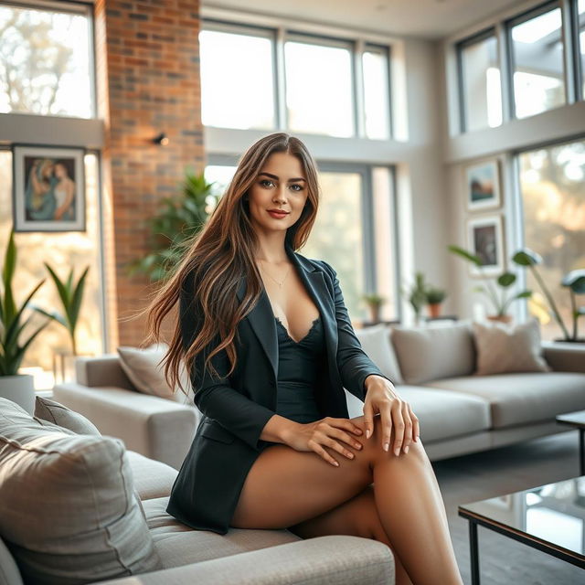 A stunning young woman in her twenties, seated elegantly in a modern living room