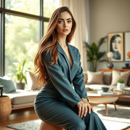 A stunning young woman in her twenties, seated elegantly in a modern living room