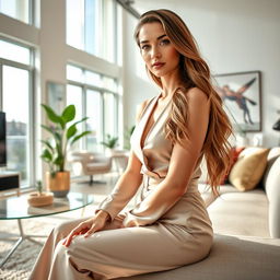 A stunning young woman in her twenties, seated elegantly in a modern living room