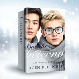 A book cover designed with a winter color palette of white, light blue, and gray