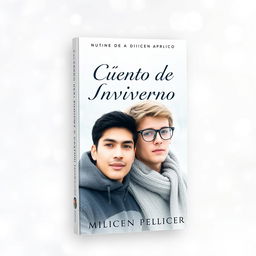 A book cover designed with a winter color palette of white, light blue, and gray
