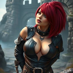 A sexy fantasy dwarf character with vibrant red hair styled in a long asymmetrical bob featuring heavy and blunt bangs