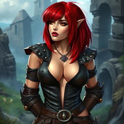A sexy fantasy dwarf character with vibrant red hair styled in a long asymmetrical bob featuring heavy and blunt bangs